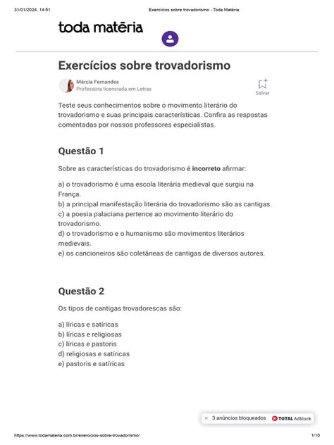Exercicios Sobre Trovadorismo - Exercícios sobre Trovadorismo | PDF