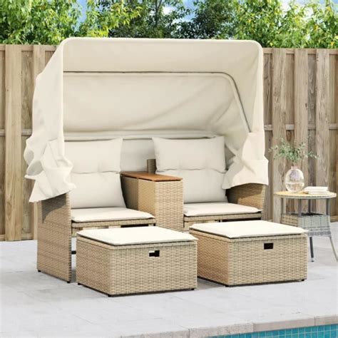 Zerodis Canapé de jardin 2 places avec auvent et tabourets beige rotin