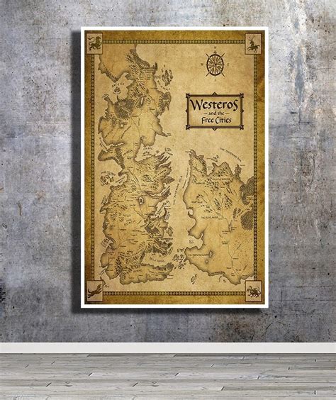 Map Of Westeros Westeros Map Game Of Thrones Map Wall Art Vintage