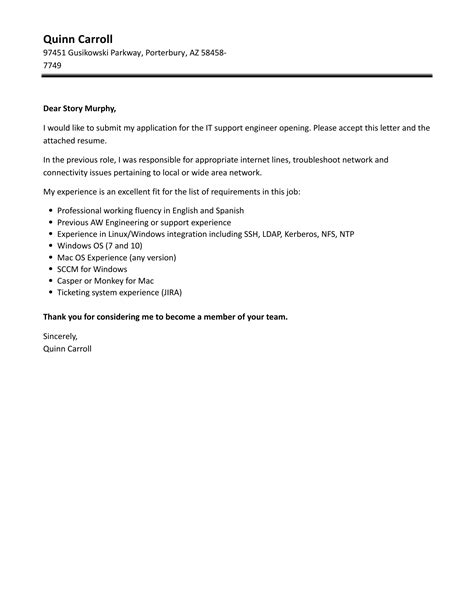 IT Support Engineer Cover Letter Velvet Jobs