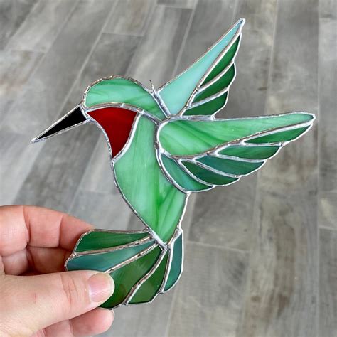 Handcrafted Stained Glass Hummingbird Suncatcher In Light Green And Red