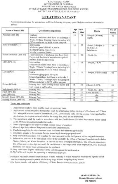 Ministry Of Water And Resources MOWR Islamabad Jobs 2021 Application