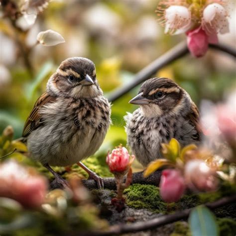 Dos Gorriones Sentados En Una Rama Con Flores Stock de ilustración