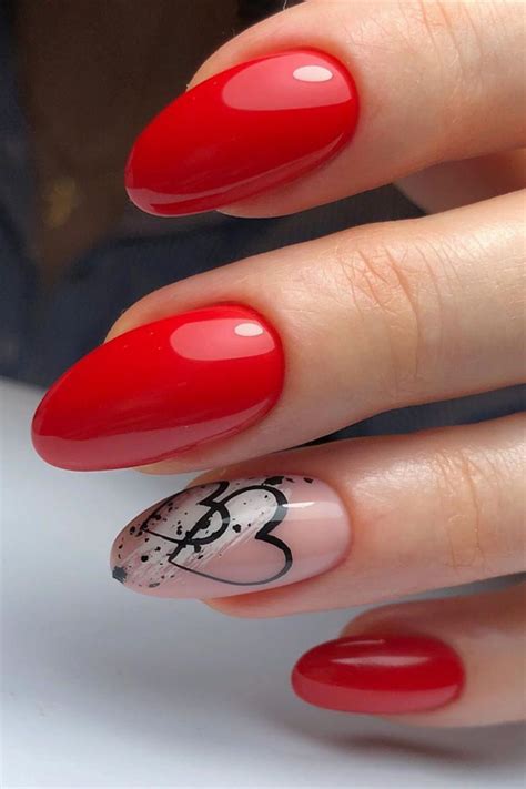 Cute Short Red Almond Nails With Accent Heart Shaped Nail Design Rednails Red Acrylic Nails