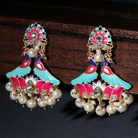 Buy Fabula Pink Green Meenakari Enamel With Kundan Pearls Peacock