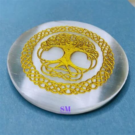 Natural Selenite Charging Plate With Engraved Tree Of Life Symbol