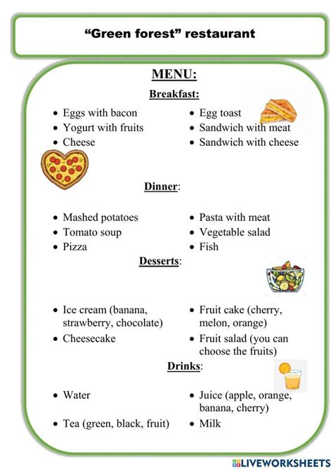 Restaurant Menu Worksheet Worksheet Menu Restaurant Menu Dessert Pizza