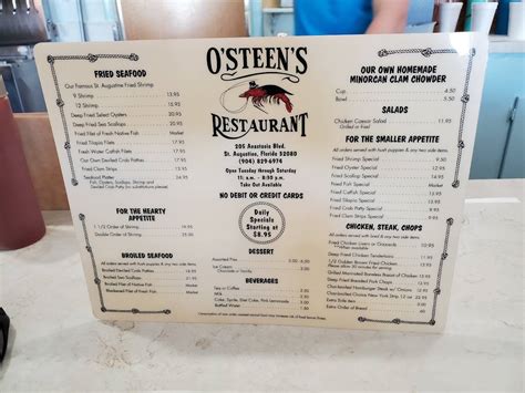 Menu At O Steen S Restaurant St Augustine