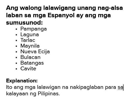 Ano Ang Walong Lalawigang Unang Nag Alsa Laban Sa Mga Espanyol