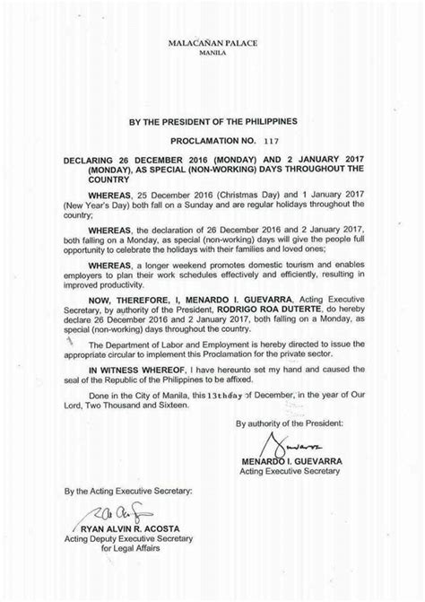 LOOK: Proclamation No. 117 declaring Dec. 26, 2016 and Jan. 2, 2017 as special holidays. | ABS ...