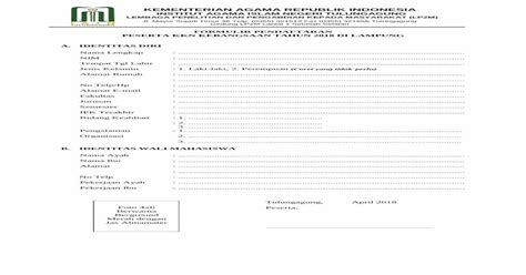 KEMENTERIAN AGAMA REPUBLIK INDONESIA INSTITUT 2018 FORMULIR