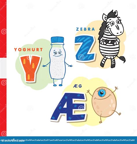 Danish Alphabet. Owl, Jellyfish, Pinwheel, Xylophone. Vector Letters ...
