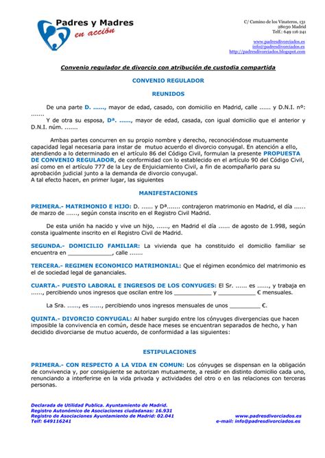 Modelo De Convenio Regulador Separación Matrimonial Y Divorcio Mobile