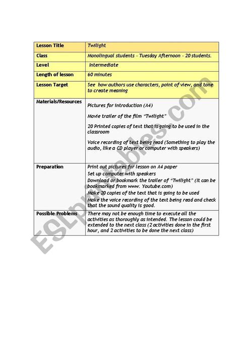 English Worksheets Twilight Lesson Plan