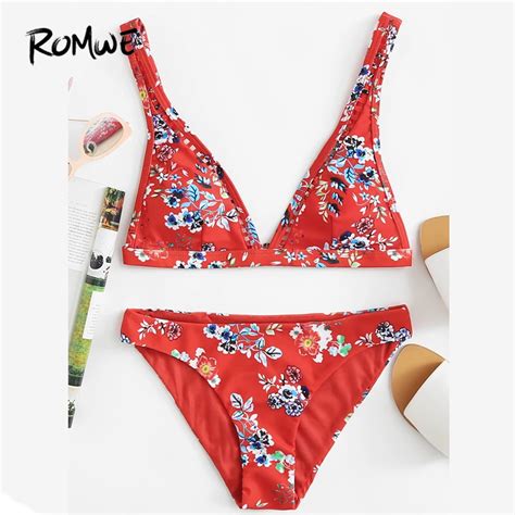 Romwe Sport Red Floral Print Beach Hot Sexy Bikini Set Swimwear Women