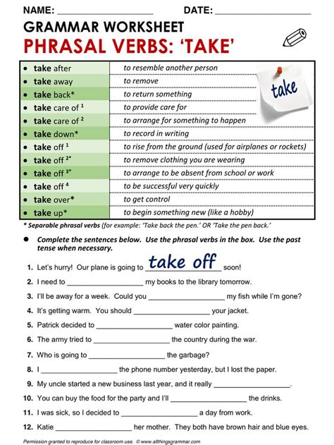 English Grammar Worksheet Phrasal Verbs With Take Phrasal