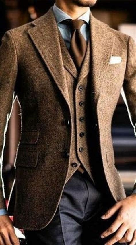 Brown 17 Num 3 Piece Tweed Suit Men Wedding Suit Groom Brown Etsy