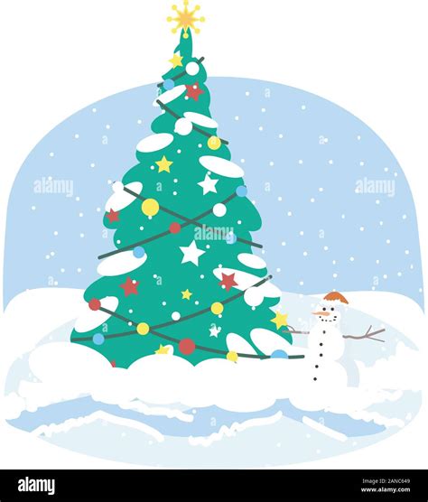 Christmas tree flat vector illustration. Xmas fir tree with snowman and holiday lights ...