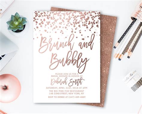 Brunch And Bubbly Bridal Shower Invitation Rose Gold Confetti Etsy