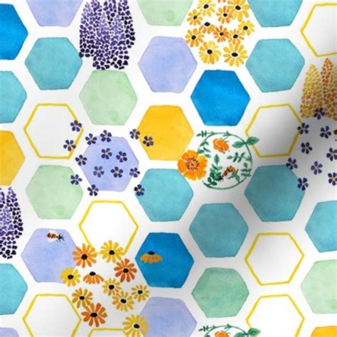 Colorful Fabrics Digitally Printed By Spoonflower Honeycomb Bees