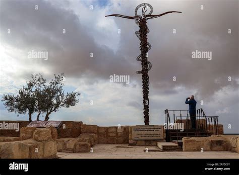 Man Standing In Mount Nebo Madaba Jordan Moses Staff Snake