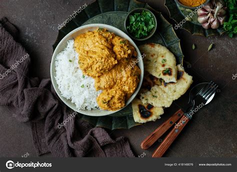 Indian Butter Chicken Basmati Rice Spices Naan Bread Onion Salad Stock