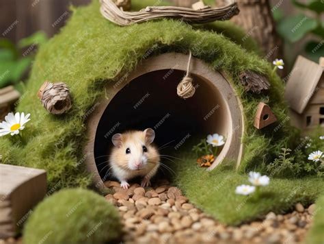 Premium Photo A Hamster In A Tiny House Made Of Moss And Rocks With A Flower Garden