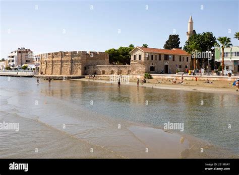 Larnaca Fort and beach with tourists, Larnaca, Cyprus 2018 Stock Photo ...