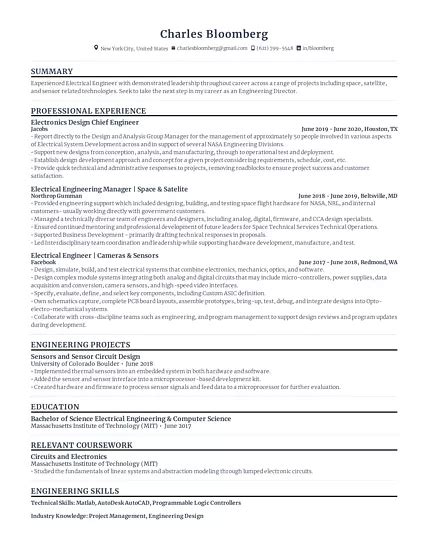 Electrical Engineer Resume Example For Rezi Ai