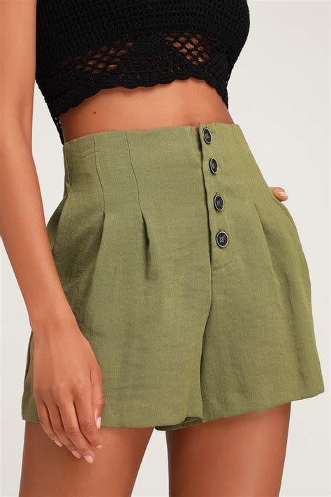 Cute Olive Green Shorts Button Up Shorts High Waisted Shorts Lulus