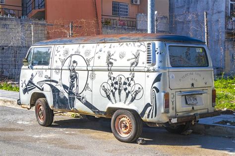 Playa Del Carmen Quintana Roo Mexico 2021 Old Black Broken Dirty VW Bus