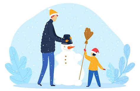 Invierno muñeco de nieve hijo juntos papá feliz pasar tiempo familia