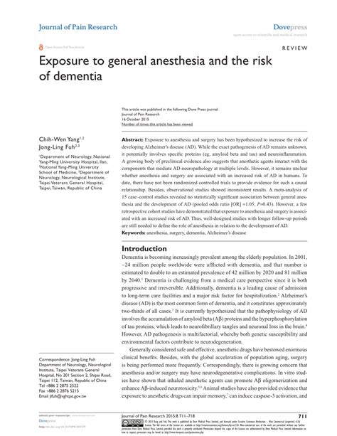 PDF Exposure To General Anesthesia And The Risk Of Dementia