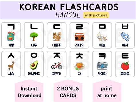 Printable Korean Hangul Flashcards With Pictures Korean Alphabet