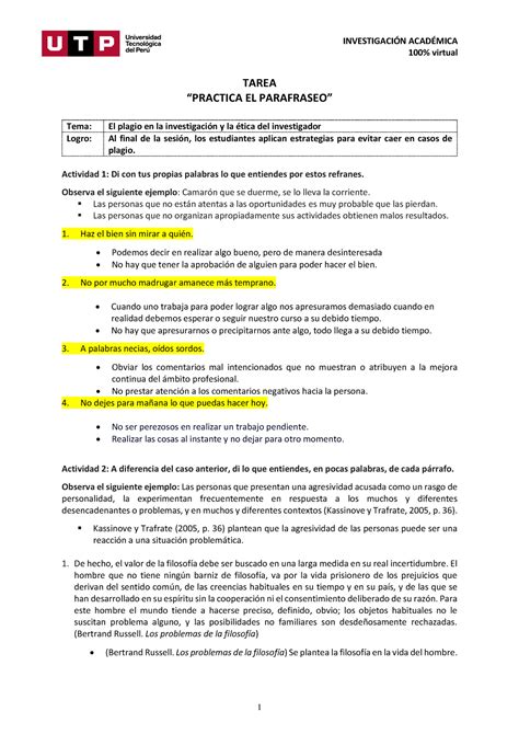 Semana Documentos Practica El Parafraseo Investigaci N