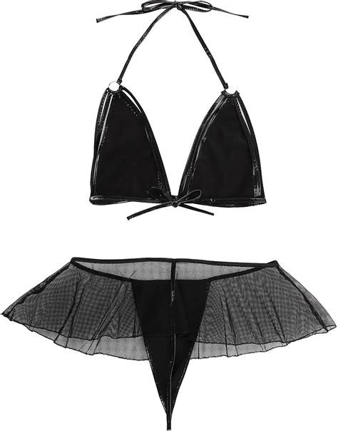 ranrann Damen Wetlook Dessous Lingerie Lack Leder BH ohne Bügel Top Rock Minirock String Tanga