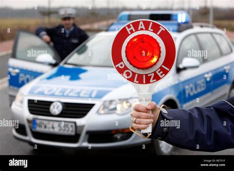 Police Stop Sign For Stopping Cars Duesseldorf North Rhine Westphalia