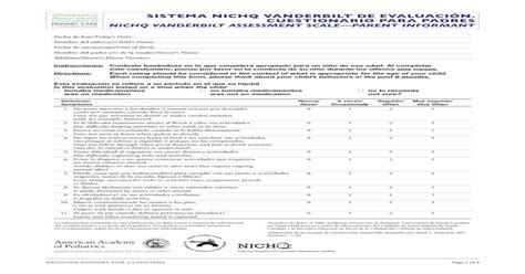 Sistema Nichq Vanderbilt De Evaluaci N Cuestionario Para Padres