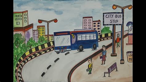 Drawing Of Bus Stand Water Color Composition L How To Draw Bus Stop