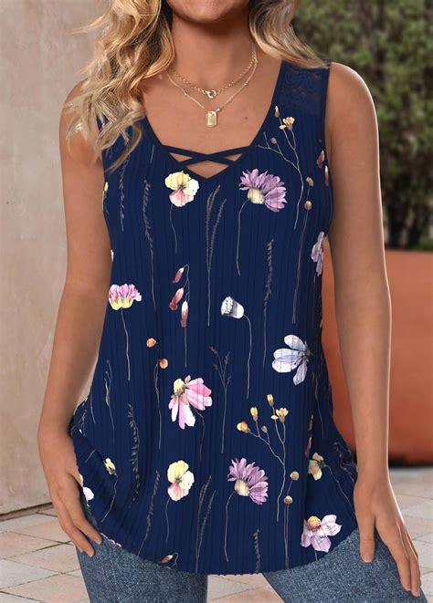 Rotita Lace Floral Print Navy V Neck Sleeveless Tank Top