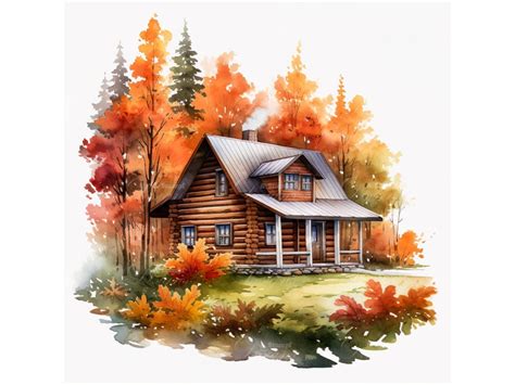 Log Cabin Autumn Clipart Set Digital Watercolor Fall Painting