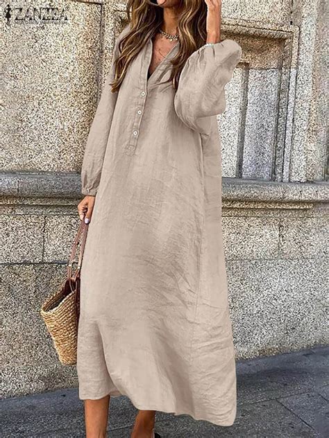 ZANZEA Woman Autumn Dress Solid Color Lapel Shirtdress Long Sleeve Mid