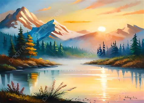 Oil Painting Of Nature Sunset In White Mountains And River Background