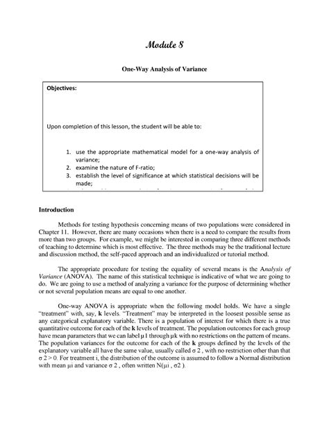 Module 8 Analysis Of Variance Module 8 One Way Analysis Of Variance