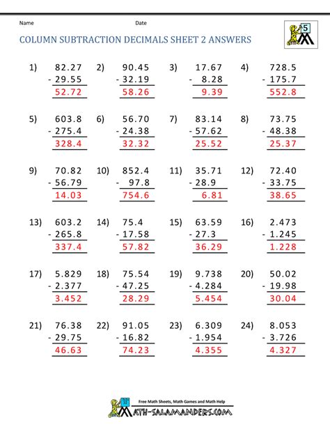 Decimal Subtraction Worksheets