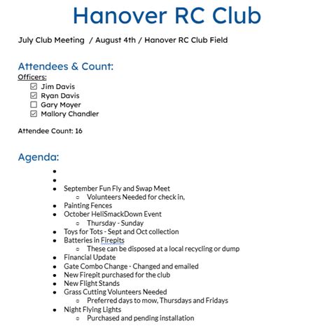 Meeting Minutes Hanover Rc Club