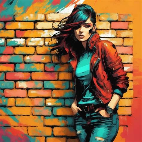 Premium AI Image A Painting Of A Woman Leaning Against A Brick Wall