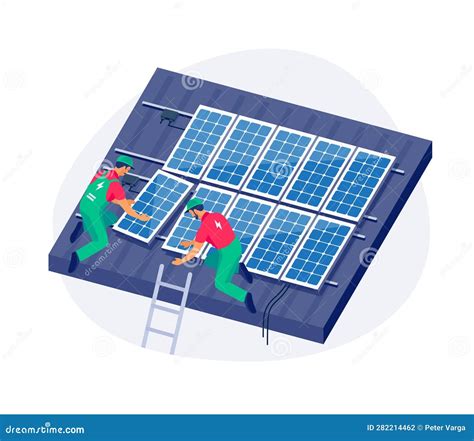 Workers Installing Solar Panels On Roof House Stock Vector