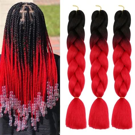 Ombre Black Red Braiding Hair Extensions 24 Inch 3Packs Synthetic Jumbo