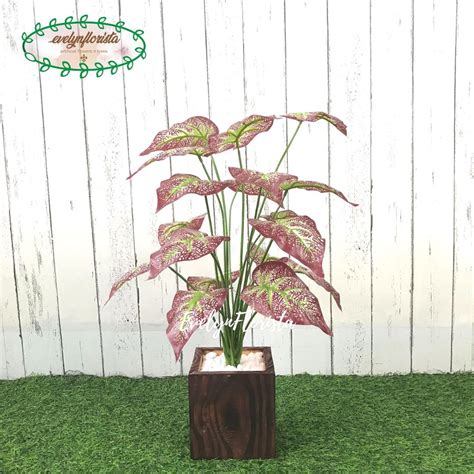 Jual Tanaman Artificial Daun Keladi Ungu X18 Pot Kotak Motif Kayu